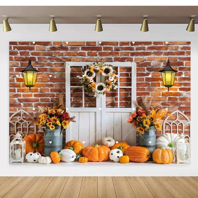 Autumn Thanksgiving Party Photo Backdrop Farm Harvest Maple Leaves Sunflowers Scarecrow Pumpkin Backdrop Poster Studio Photozone
