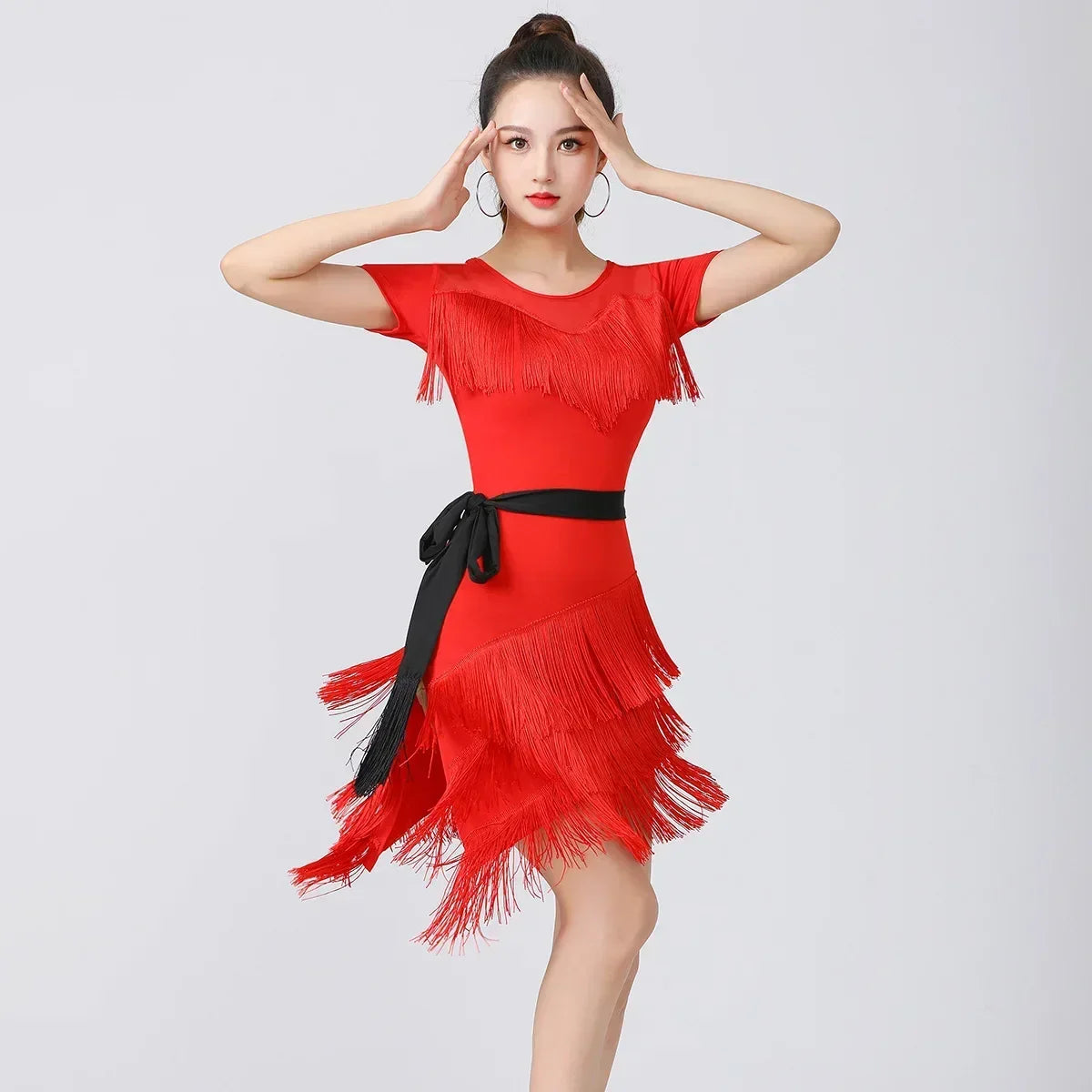Women Latin Dance Outfit for Female Adults High End Slim Short Sleeve Tassel Split Dress Purple Red Sexy Practice Dance Clothing