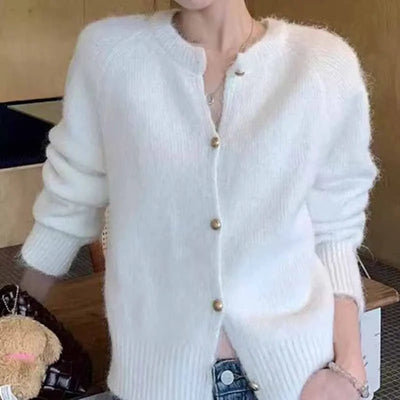 Autumn Winter Women's Knitted Jacket Solid Color Fuzzy Long Sleeve Button Sweater Cardigan Casual O-Neck Loose Soft Knitwear