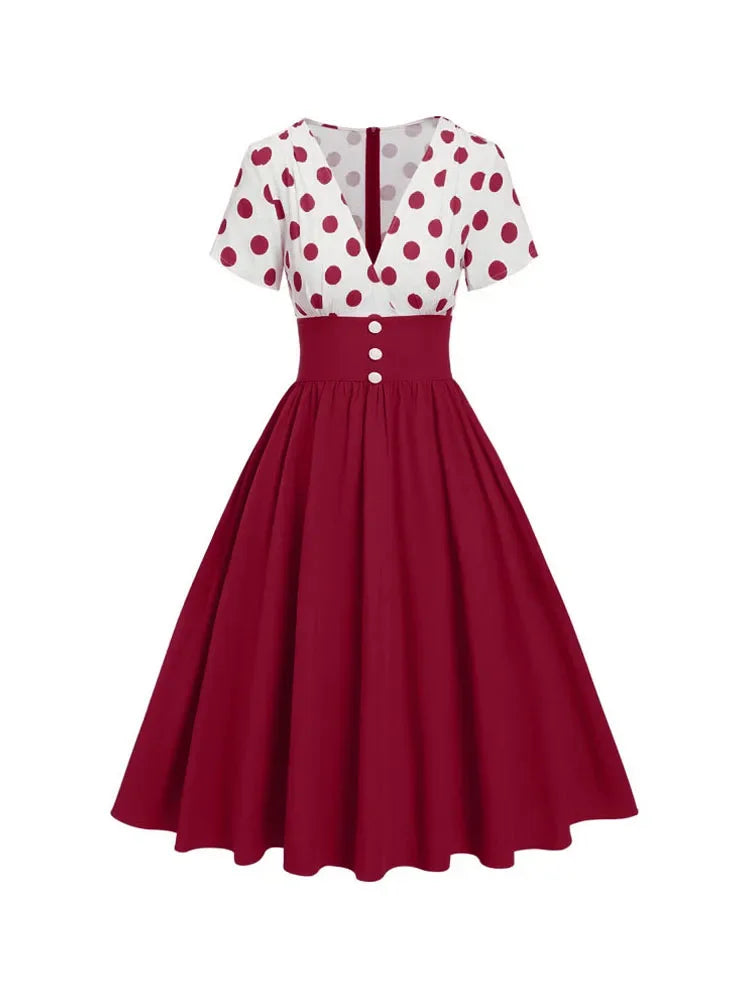 Polka Dot Women Summer Dresses Hepburn Style V-Neck Short Sleeve Vintage Print Patchwork Party Dress Casual A-Line