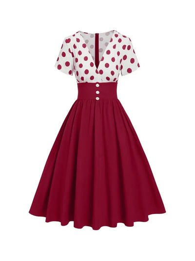Polka Dot Women Summer Dresses Hepburn Style V-Neck Short Sleeve Vintage Print Patchwork Party Dress Casual A-Line