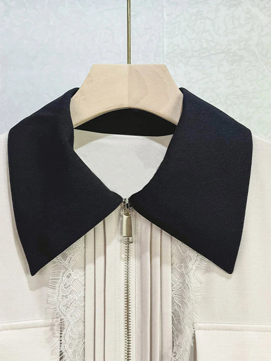 VGH Designer Slimming Hit Color Spliced Belt Long Dresses For Women Lapel Long Sleeve High Waist Temperament Dress Female New