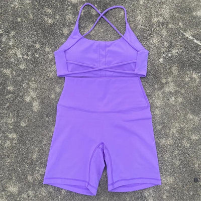 2 Piece Gym Sports Set Women Yoga Shorts Set Workout Outfit Fitness Suit Cross Straps Bra High Waist Shorts Running Tracksuit