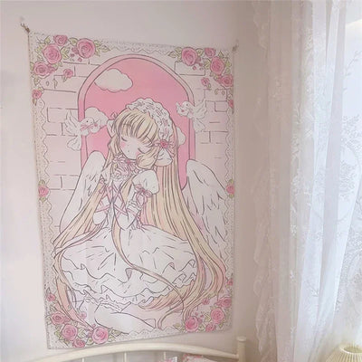 Cute Anime Girl Tapestry Background Cloth Home Decor Kawaii Girl's Room Decorating Items Cartoon Wall Hanging Pink Tapestry