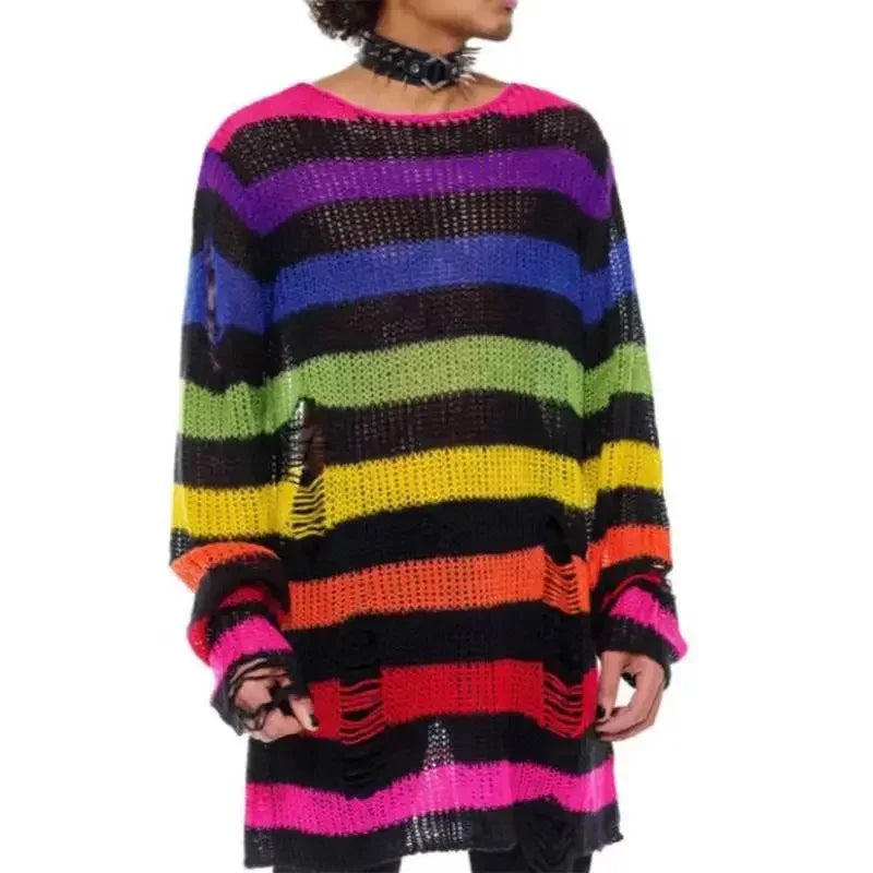 Gothic Sweaters Women Ripped Holes Loose Knitted Purple Striped Pullover Frayed Fairy Grunge Jumpers Emo Streetwear Lolita