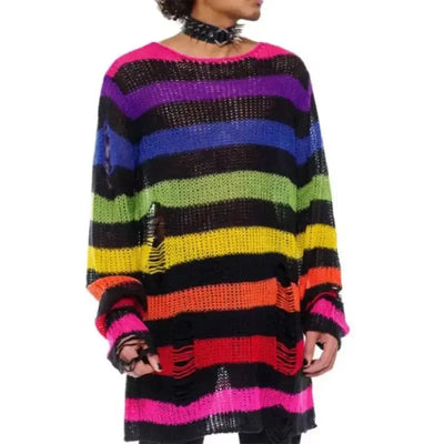 Gothic Sweaters Women Ripped Holes Loose Knitted Purple Striped Pullover Frayed Fairy Grunge Jumpers Emo Streetwear Lolita