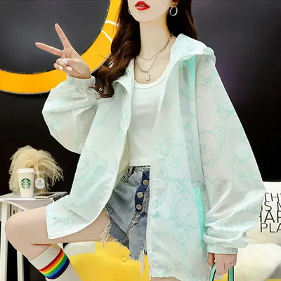 Summer Thin Sunscreen Jacket Women New Kawaii Bear Print Coats Female Casual Korean Loose Zipper Windbreaker