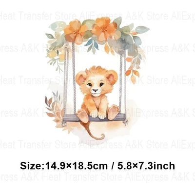 Baby Animal On Swings Heat Transfers For Kids Clothing Elephant Tigers Lion Stickers On Clothes Diy Thermal Patches Decals