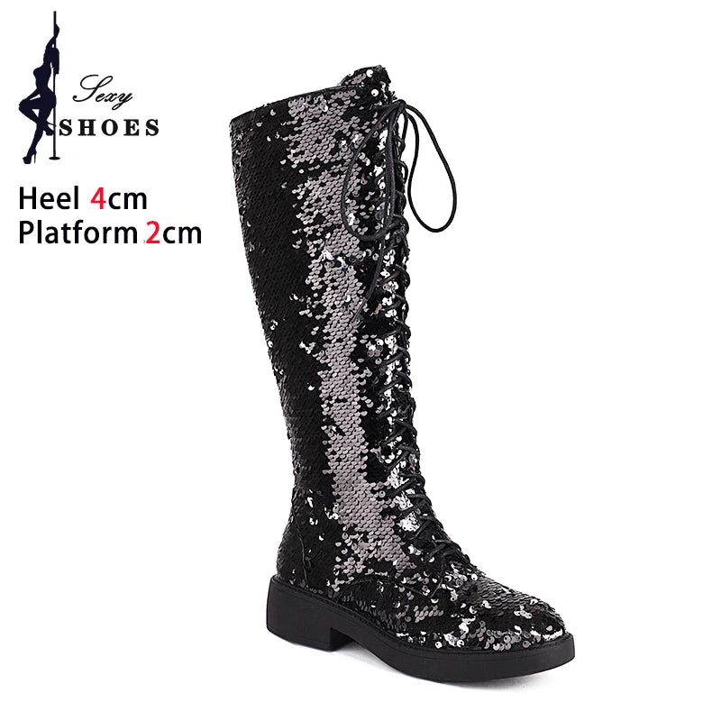 Knee-High Boots Women Flat Gothic Fashion Low Heel Shoes Autumn Winter Sequins Heels Bling Bling Silver Luxury Womens Long Boots