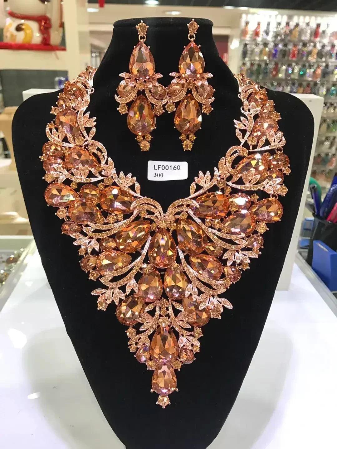Women luxury necklaces set wedding delicate fashion jewelery crystal rhinestone earrings jewelry sets
