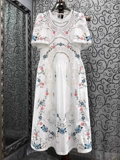 Women Crochet Lace Embroidery Floral White Yellow Dress Linen