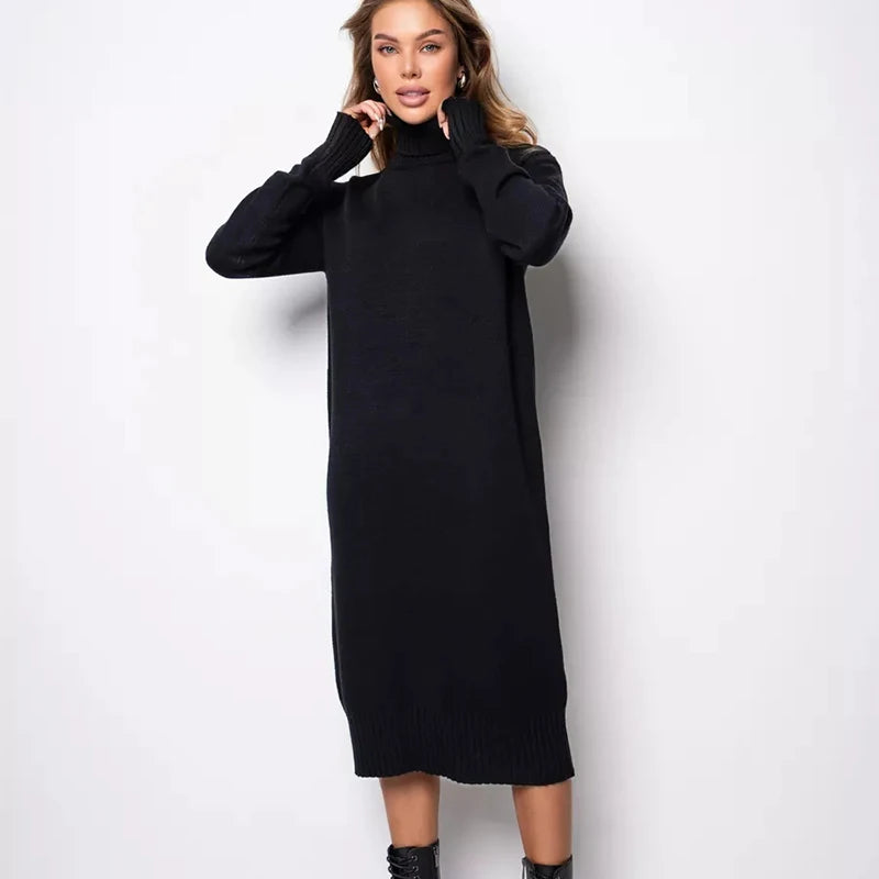 Ribbed Turtleneck Knitted Dress Women Autumn Winter Basic Long Sleeve Sweater Dress Woman Solid Color Long Dresses Female