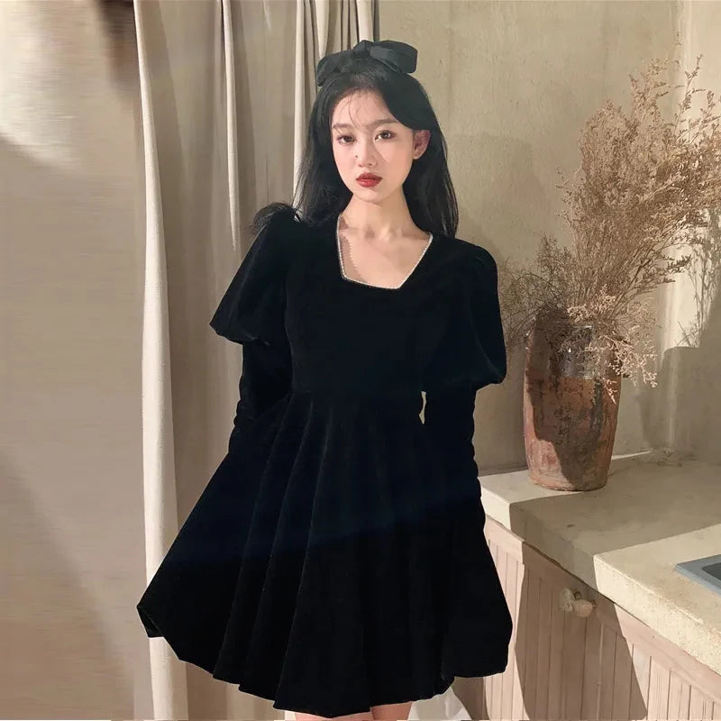 Fashion Velvet Black Dress for Women Fall Winter Elegant Hepburn Style Casual Mini Dress Y2K Streetwear Long Sleeve Puff Vestido