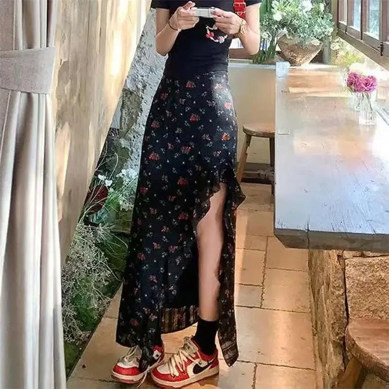 Ruffled Floral Skirt for Women Summer Mid Long High Waist Skirt Red Irregular Sexy Split Skirt Fashion Beachwear Y2k Clothing