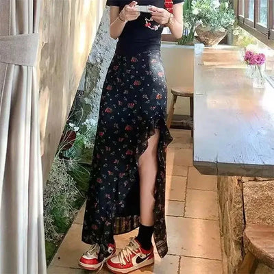 Ruffled Floral Skirt for Women Summer Mid Long High Waist Skirt Red Irregular Sexy Split Skirt Fashion Beachwear Y2k Clothing