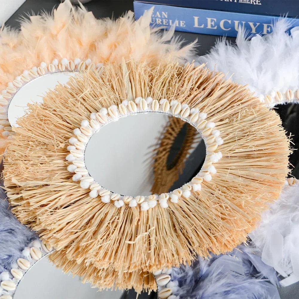 Home decor hanging mirror raffia wood beads acrylic multifunct decorative decorations bedroom wall room
