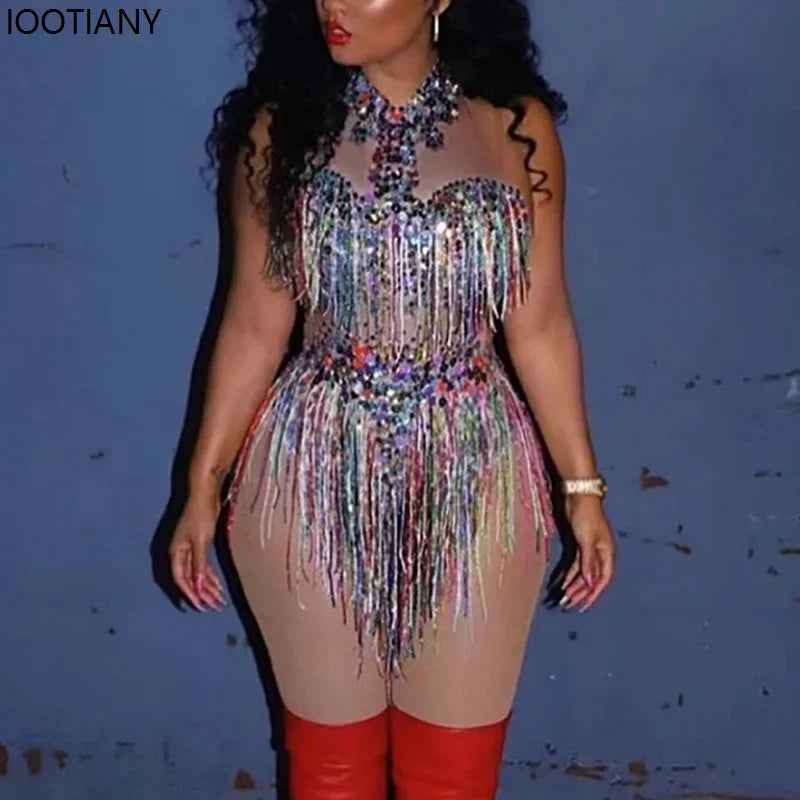 Women Sexy Waist Hollow Bodysuit Colorful Tassel Rhinestone Jumpsuits Holiday Party Dress Ds Dj Nightclub Bar Singer Dance Dress
