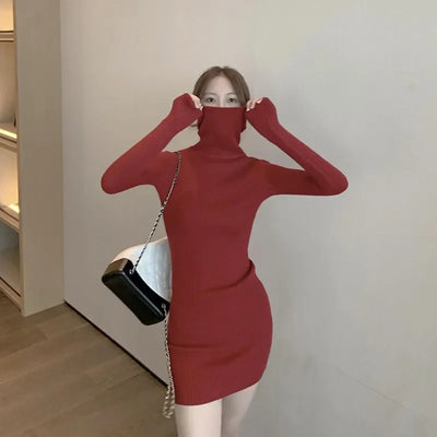 Xpqbb Turtleneck Sweater Dress for Woman Autumn Winter New Solid Slim Knitted Mini Dress Women Sexy Skinny Short Bodycon Dresses