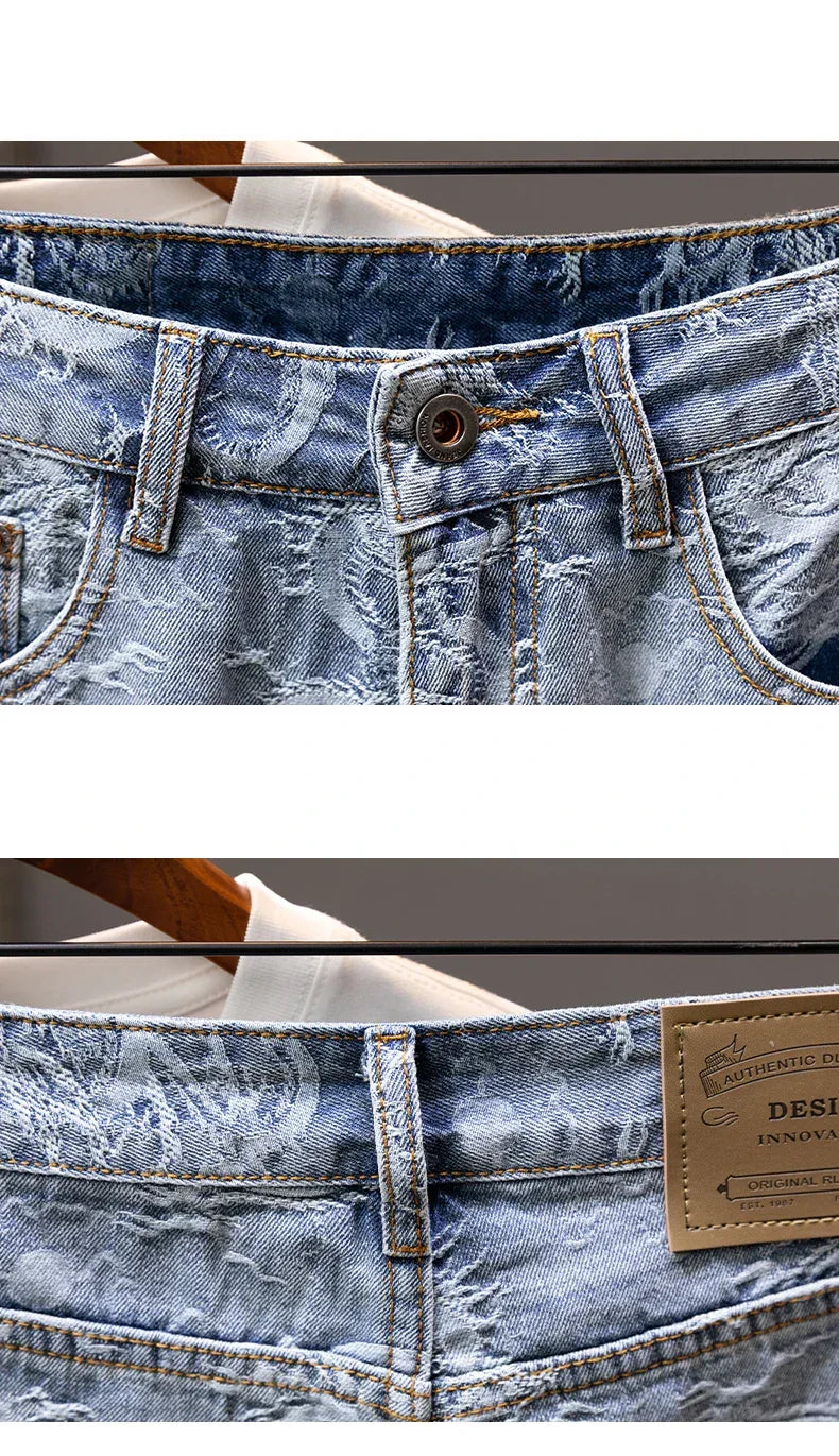 2024 New Men's Denim Shorts Fashion Printed Designer Jeans Personality High Street Straight Male Clothes Short Pants