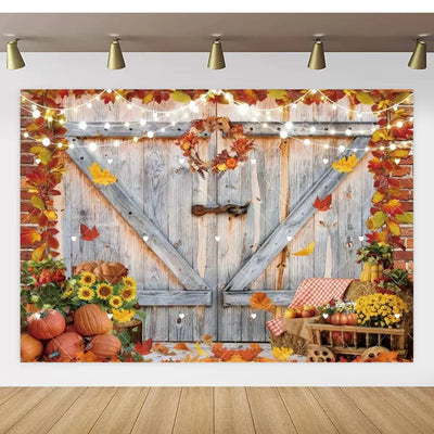 Autumn Thanksgiving Party Photo Backdrop Farm Harvest Maple Leaves Sunflowers Scarecrow Pumpkin Backdrop Poster Studio Photozone
