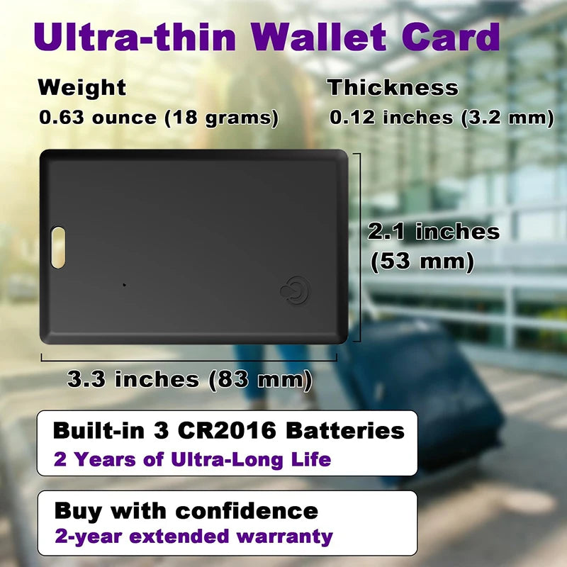 Ultra-thin black Slim Wallet Tracker Card with CR2016 batteries, 2-year warranty, iOS Find My Bluetooth locator