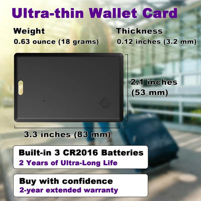 Ultra-thin black Slim Wallet Tracker Card with CR2016 batteries, 2-year warranty, iOS Find My Bluetooth locator