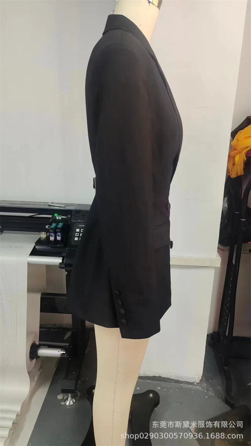 2025 New Black Women Double Breasted Blazer Elegant Belted Office Dress with Gold Buttons Slim Fit Trench Style Blazer