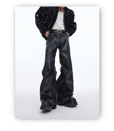 Mauroicardi Autumn Cool Handsome Long Black Matte Baggy Pu Leather Wide Leg Pants for Men High Waist Emo Luxury Designer Clothes