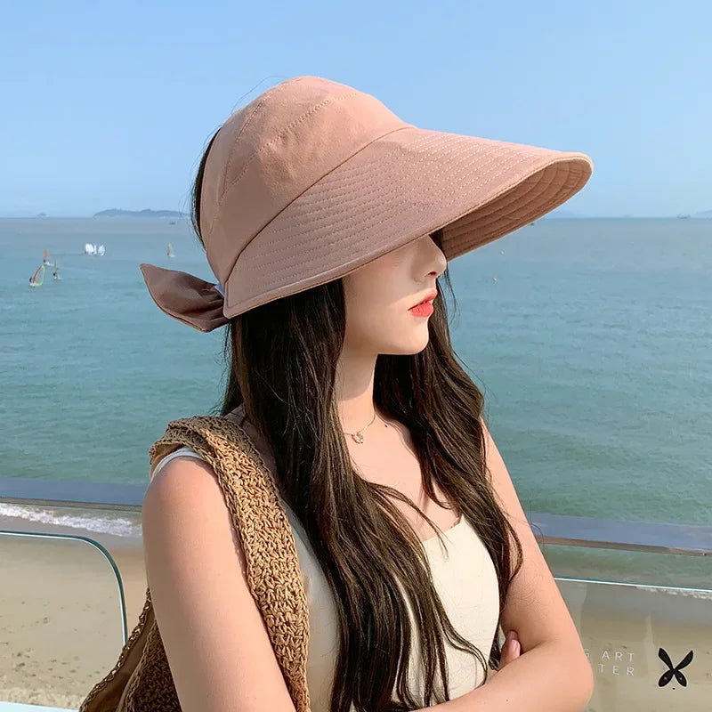 COKK Summer Hat Women Empty Top Foldable Sunhat Sunscreen Hats For Women Solid Color With Bow Ladies Hats Beach Cap Sun Hat