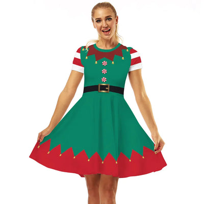 Merry Christmas Women Dress Graphics Stripe Christmas Elf Printed Dress Disguise Adult Xmas Cosplay Costume Holiday Party Wear