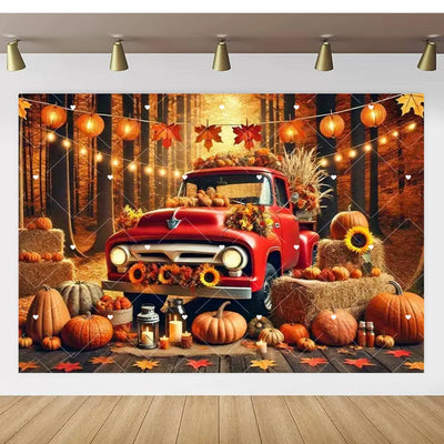 Autumn Thanksgiving Party Photo Backdrop Farm Harvest Maple Leaves Sunflowers Scarecrow Pumpkin Backdrop Poster Studio Photozone