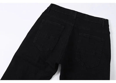 Fashion Designer Men Jeans High Quality Black Stretch Skinny Fit Leather Patched Ripped Jeans Men Y2K Brand Hip Hop Denim Pants