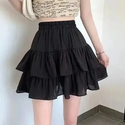 Pleated A-line Skirt White Women Ruffles Sweet Hottie Preppy Style Elastic Elastic Waist Slim Thin Simple Casual Skirts