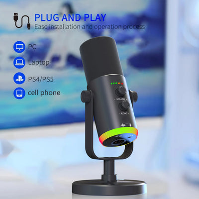 USB/XLR Dynamic Microphone for Gaming Streaming, Computer PC Microphone, Mute Button, Podcasting Desktop Mic for YouTube