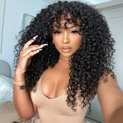Long Curly Wig with Bangs Human Hair Full Machine Made Wear and Go Glueless Wig Water Wave Wigs with Bangs for Black Women 180%