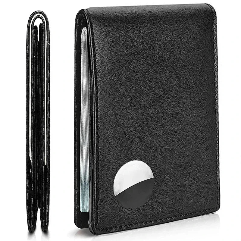 Slim black synthetic leather RFID card holder with silver magnetic closure