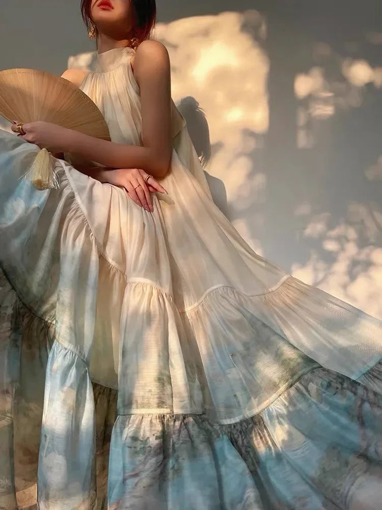 Summer Women Fashion Vintage Casual Print Midi Dress Sleeveless A-Line Pleated Party Birthday Dresses Female Clothes Robe New