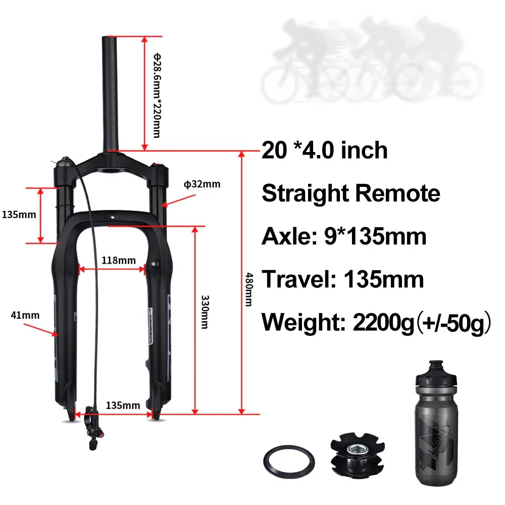 BOLANY Snow Bike Fat Front Fork 20x4.0 with Magnesium Alloy Hook 120mm Travel Air Suspension Compatible E-Bike Mountain Bike