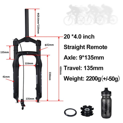 BOLANY Snow Bike Fat Front Fork 20x4.0 with Magnesium Alloy Hook 120mm Travel Air Suspension Compatible E-Bike Mountain Bike