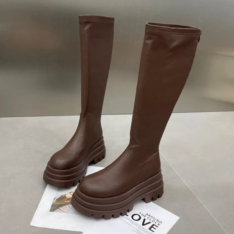 Knee High Women's Long Boots Flats Platform Fashion Shoes Designer Dress Winter Woman Boots 2025 Chelsea Botas De Mujer Zapatos