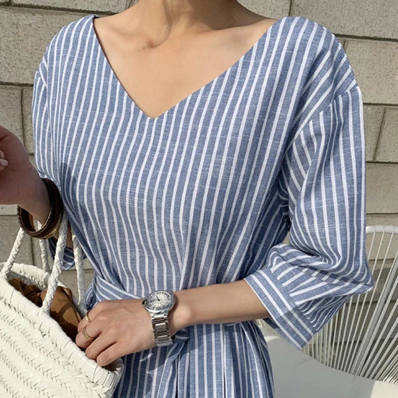 2021 Summer Striped Cotton Linen Long Dress Women Fashion Loose Vestidos Vintage V-neck Half Sleeve Dress for Women Loose