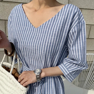 2021 Summer Striped Cotton Linen Long Dress Women Fashion Loose Vestidos Vintage V-neck Half Sleeve Dress for Women Loose