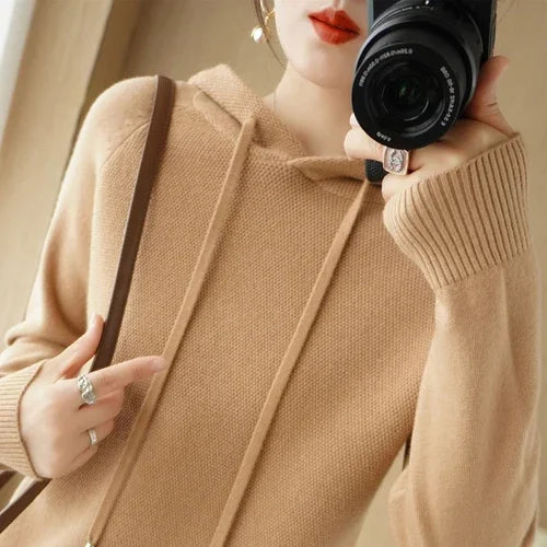 Women Sweater Autumn Winter Thick Warm Long Sleeve Casual Loose Jumpers Hooded Knitted Pullovers Solid Fashion Korean Sweaters