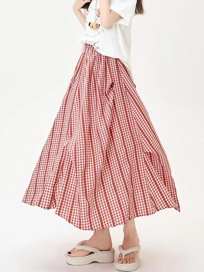 Summer Women Checkered A Line Skirt High Waist Slim Fit Pleated Length Fashion Irregular Contrast Colors Flowy Swing Style