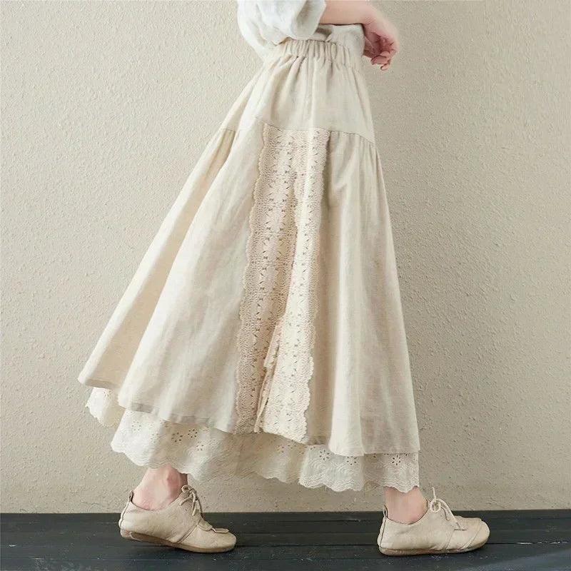Vintage chic embroidery linen cotton long skirts women summer elastic high waist pleated maxi skirt female elegant