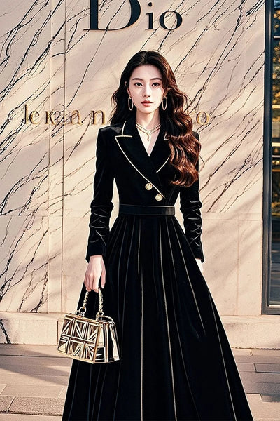 Style High-end Black Velvet Dress For Women, 2025 Autumn New Collection, Formal Occasions, Waist Cinching Suit Style Long Skirt