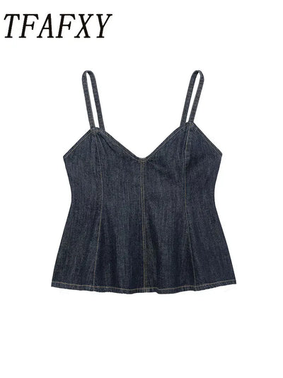 Denim Pleated Sexy Tops for Women
