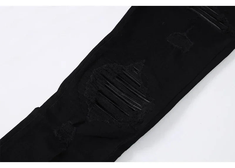 Fashion Designer Men Jeans High Quality Black Stretch Skinny Fit Leather Patched Ripped Jeans Men Y2K Brand Hip Hop Denim Pants