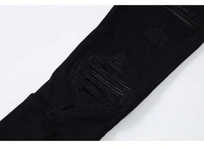 Fashion Designer Men Jeans High Quality Black Stretch Skinny Fit Leather Patched Ripped Jeans Men Y2K Brand Hip Hop Denim Pants