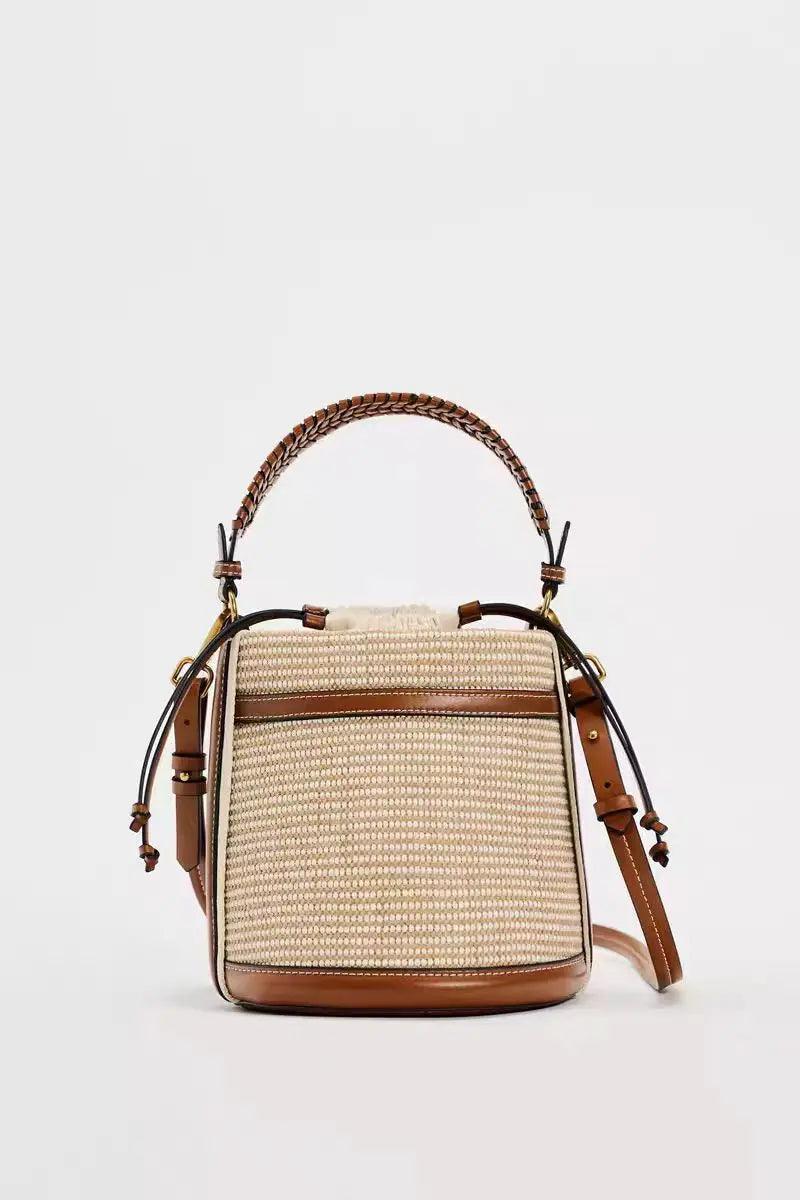Fashion straw bucket bag weave women handbags designer panelled shoulder crossbody bags casual summer beach small tote